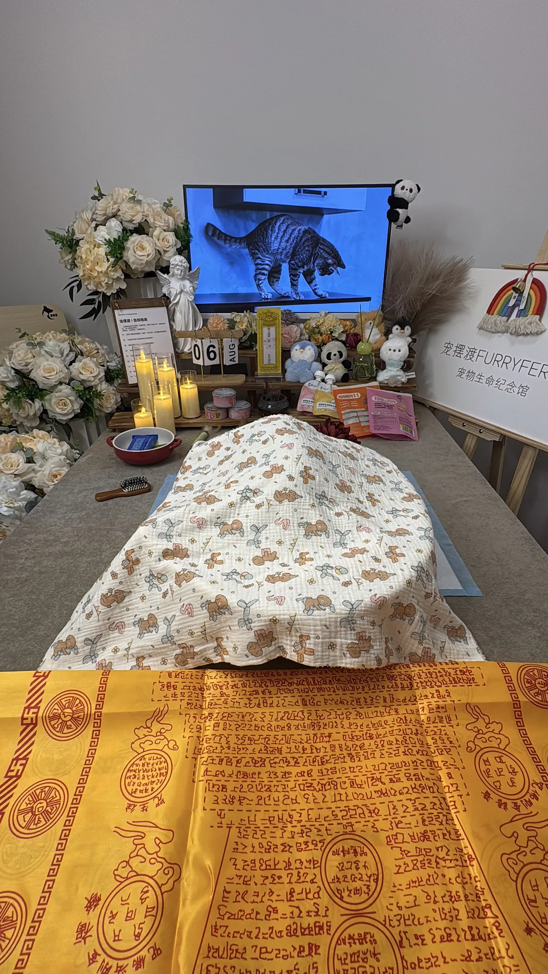 青岛宠物告别仪式中的鲜花与纪念照片